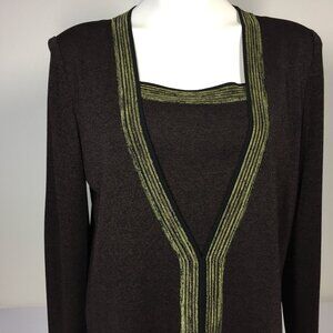 Misook Large Cardigan with Attached Tank Knit Brown with Green Trim